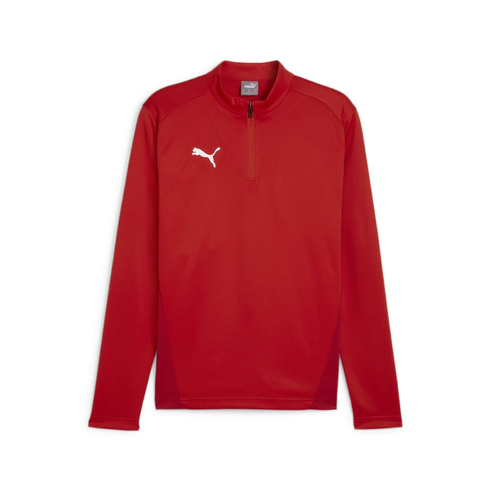 A red Puma Team Goal Training 1/4 Zip Top for kids, with long sleeves and a quarter zip neckline.