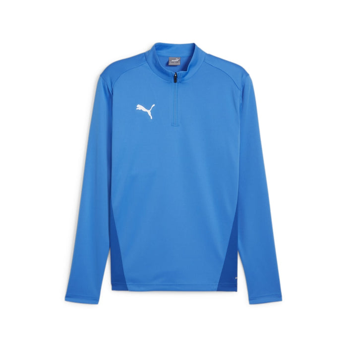 A blue Puma Team Goal Training 1/4 Zip Top for kids, with long sleeves and a quarter zip neckline.