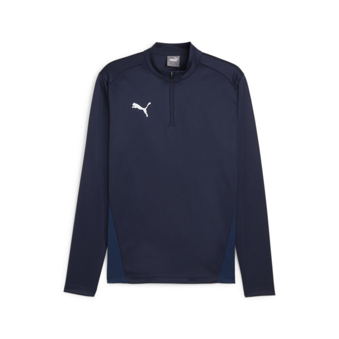A navy Puma Team Goal Training 1/4 Zip Top for kids, with long sleeves and a quarter zip neckline.
