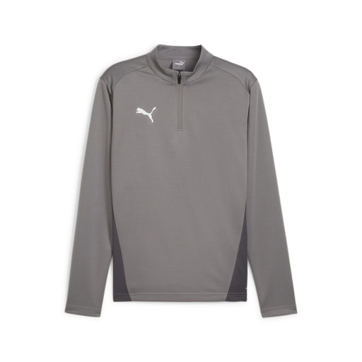 A grey Puma Team Goal Training 1/4 Zip Top for kids, with long sleeves and a quarter zip neckline.