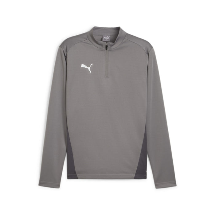A grey Puma Team Goal Training 1/4 Zip Top for kids, with long sleeves and a quarter zip neckline.
