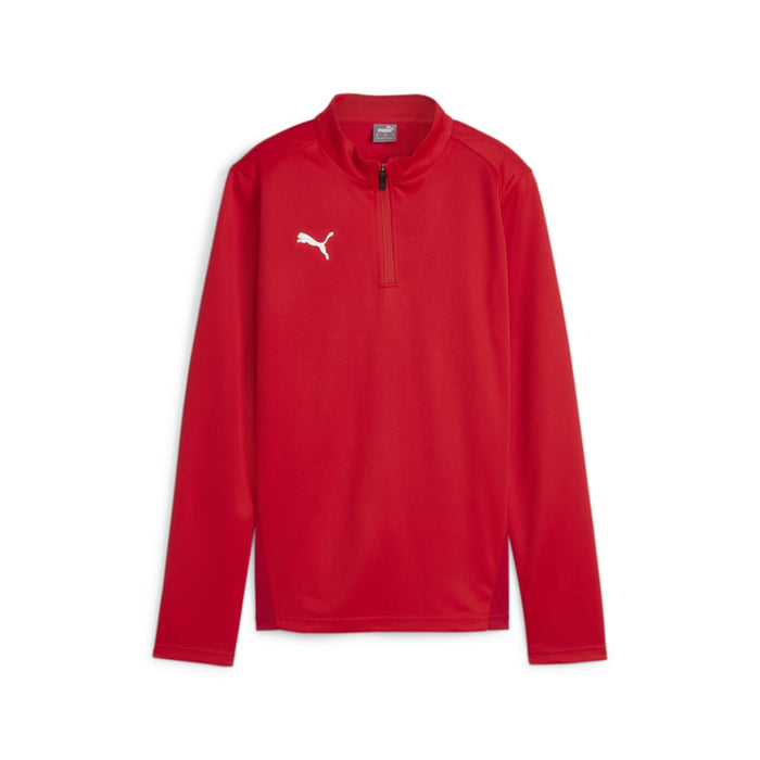 A red Puma Team Goal Training 1/4 Zip Top for women with long sleeves and a quarter zip neckline.