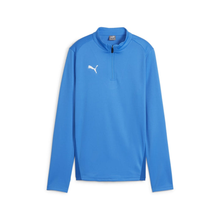 A blue Puma Team Goal Training 1/4 Zip Top for women with long sleeves and a quarter zip neckline.