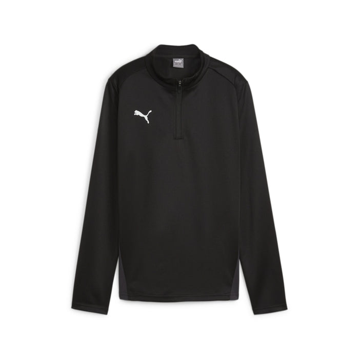A black Puma Team Goal Training 1/4 Zip Top for women with long sleeves and a quarter zip neckline.
