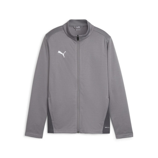 A grey Puma training jacket for kids, featuring a zip closure and the Puma logo on the chest.