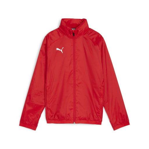 A red Puma sports jacket with a white logo, designed for all weather conditions, suitable for kids and adults.
