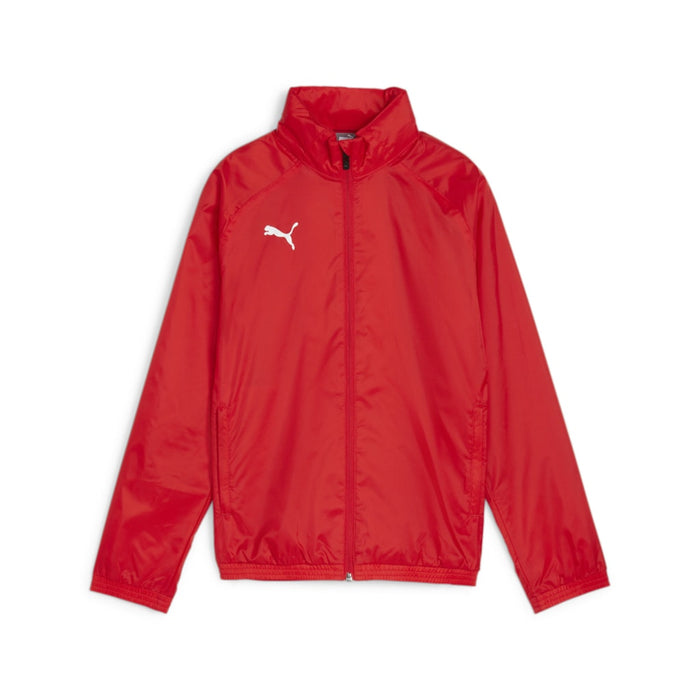 A red Puma sports jacket with a white logo, designed for all weather conditions, suitable for kids and adults.