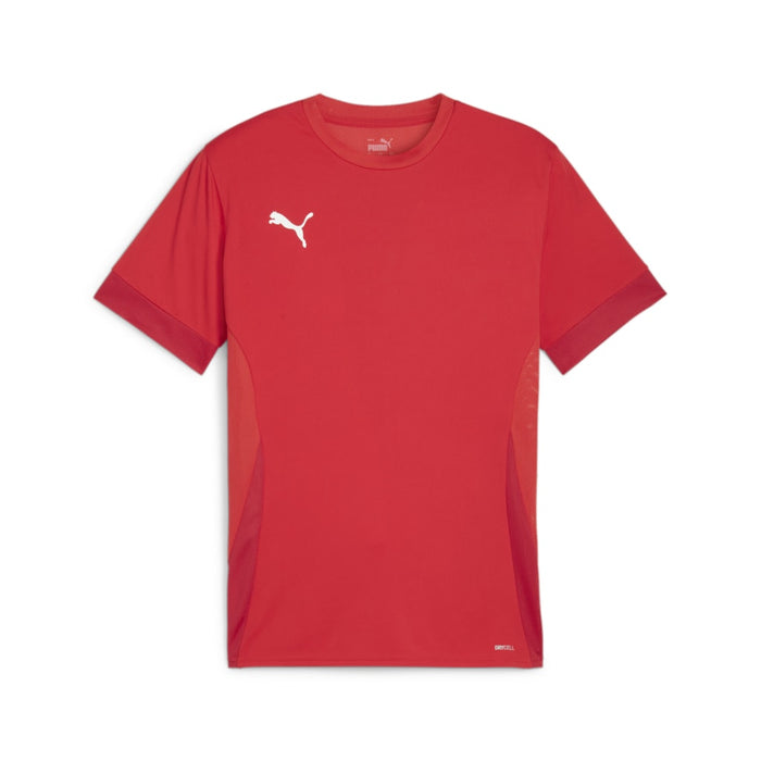 A short-sleeved red Puma sports shirt with a round neckline and the Puma logo on the chest.