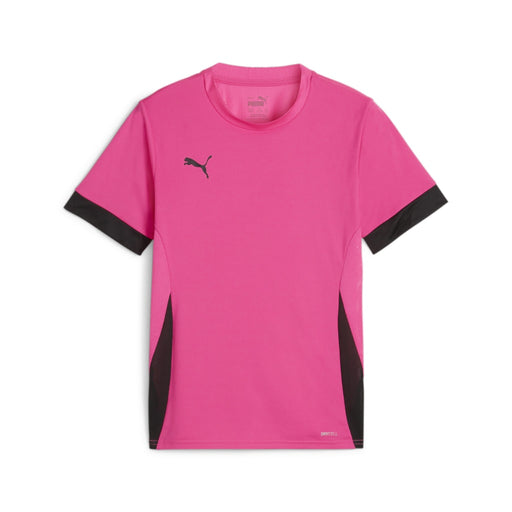 A short-sleeved pink Puma sports shirt with black accents and the Puma logo on the chest.