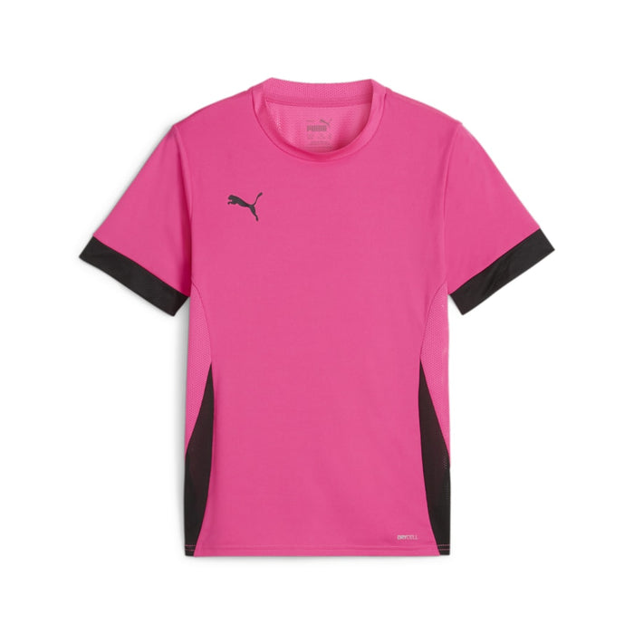 A short-sleeved pink Puma sports shirt with black accents and the Puma logo on the chest.