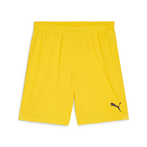 A pair of yellow Puma Team Goal shorts with a Puma logo on the left side.