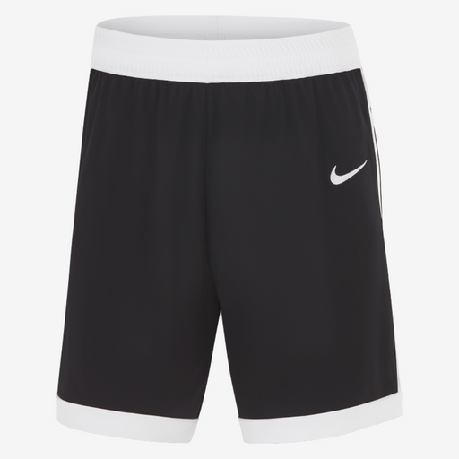 Black shorts with white Nike logo on a white background