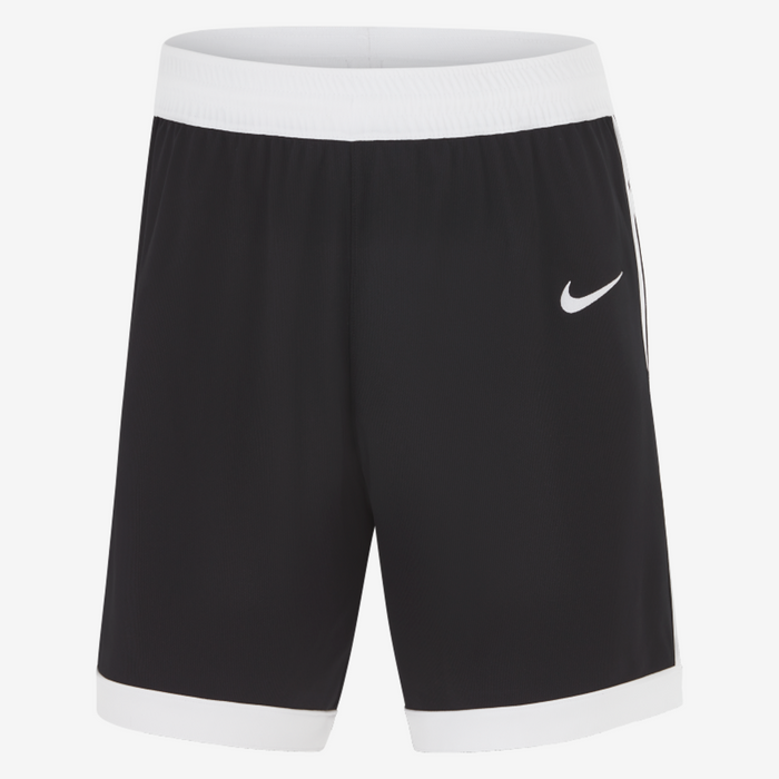 Black shorts with white Nike logo on a white background