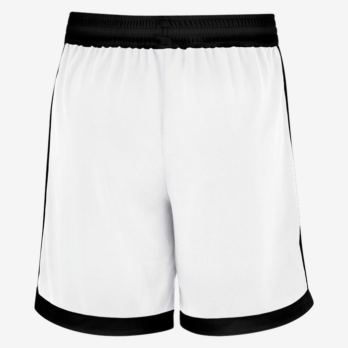 White shorts with black trim on a white background