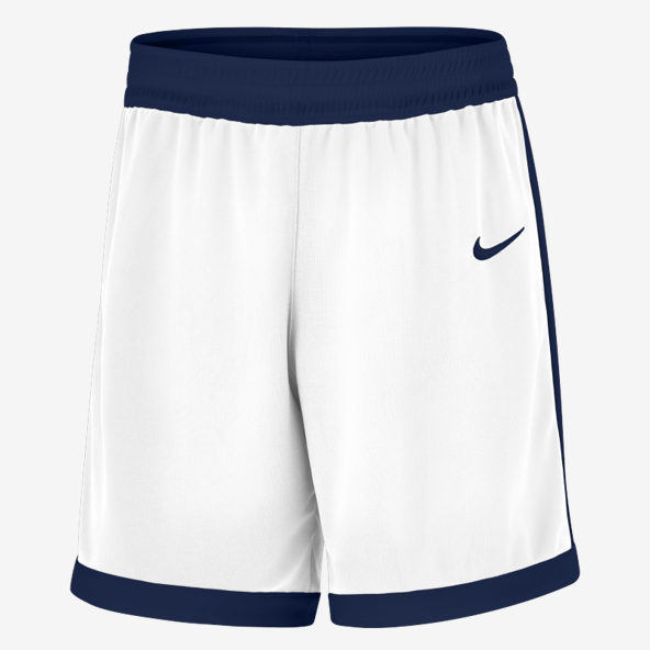White shorts with navy accents and Nike logo on a white background