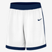 White shorts with navy accents and Nike logo on a white background
