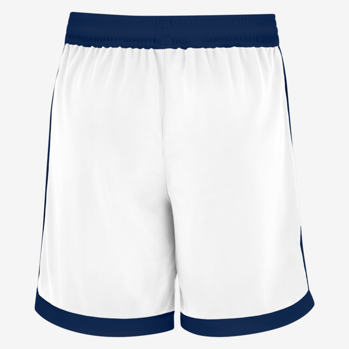 White shorts with navy blue accents on a white background