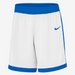 White shorts with blue accents and Nike logo on a white background