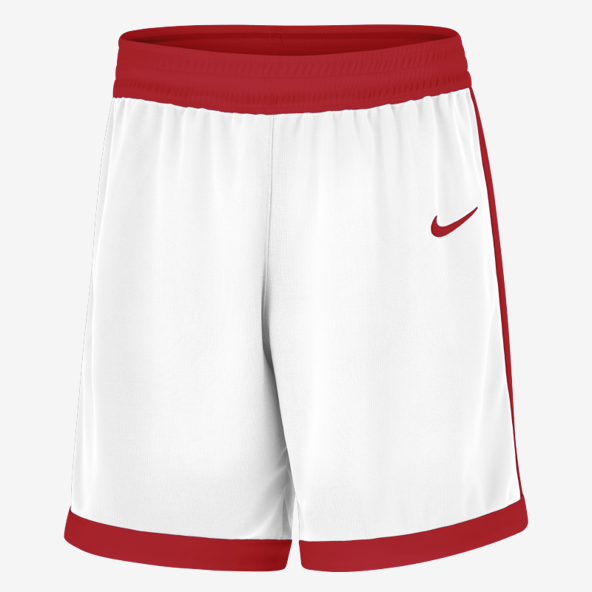White shorts with red accents and Nike logo on a white background