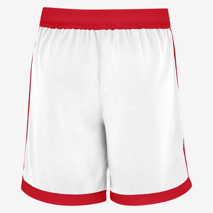White shorts with red trim on a white background