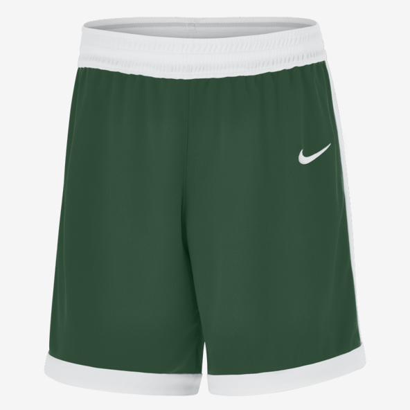 Green shorts with white Nike logo on a white background