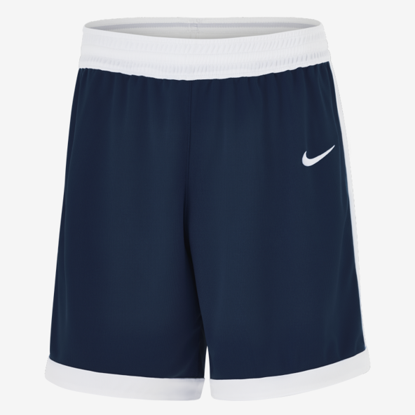 Navy blue shorts with white Nike logo on a white background