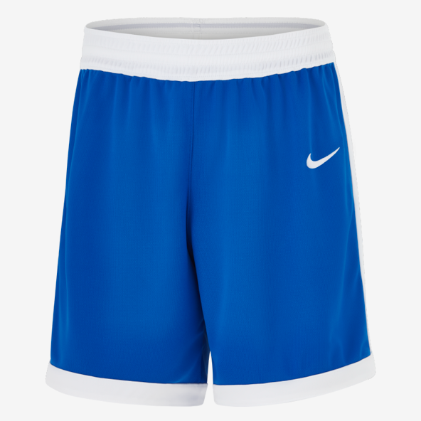 Blue shorts with white Nike logo on a white background