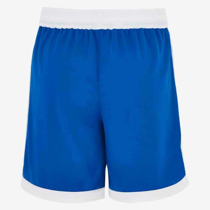 Blue shorts with white trim on a white background