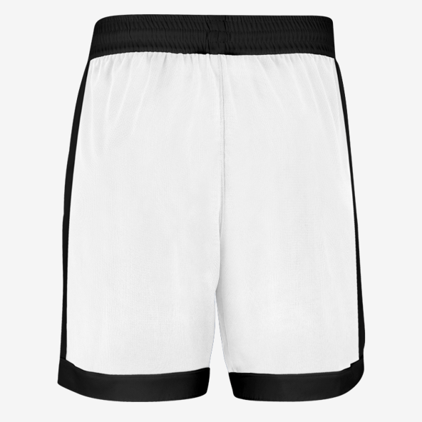 White shorts with black trim on a white background