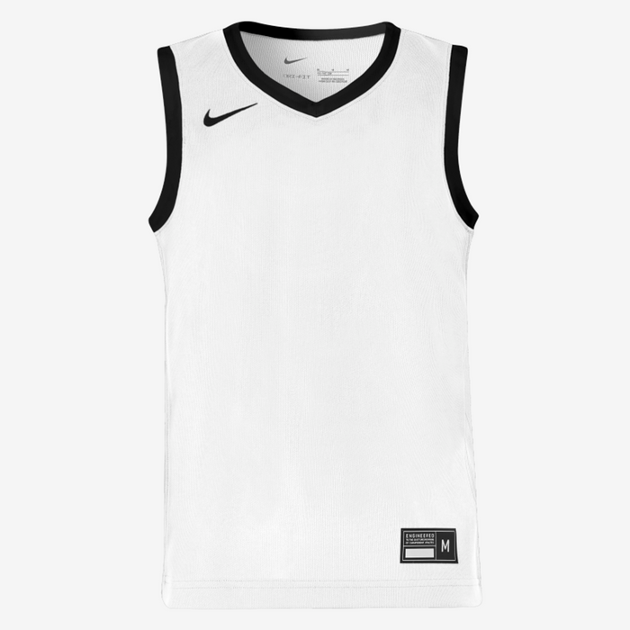 White sleeveless sports jersey with black accents on a white background