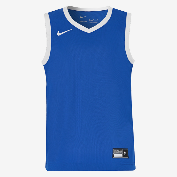 Blue basketball jersey with Nike logo on a white background