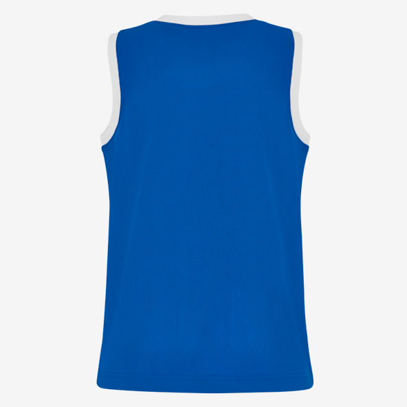Blue sleeveless shirt with white trim on a white background