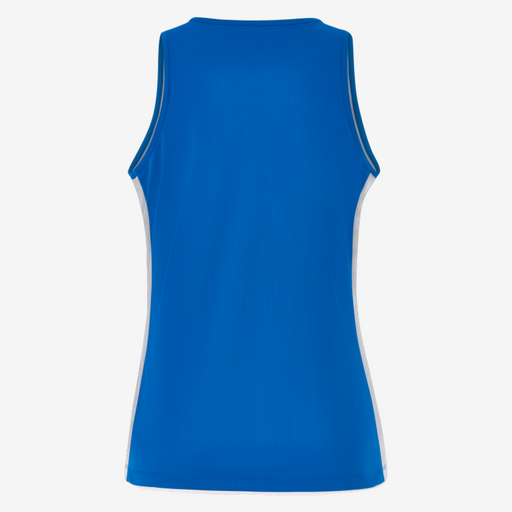 Blue sleeveless shirt with white accents on a white background