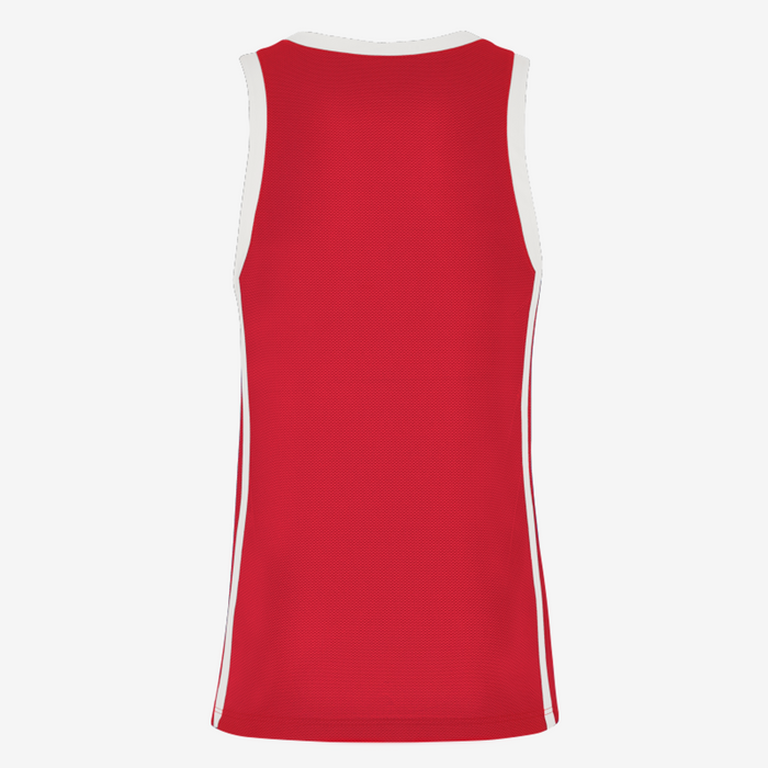 Red sleeveless shirt with white accents on a white background