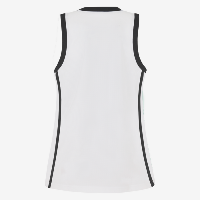 White sleeveless top with black trim on a white background
