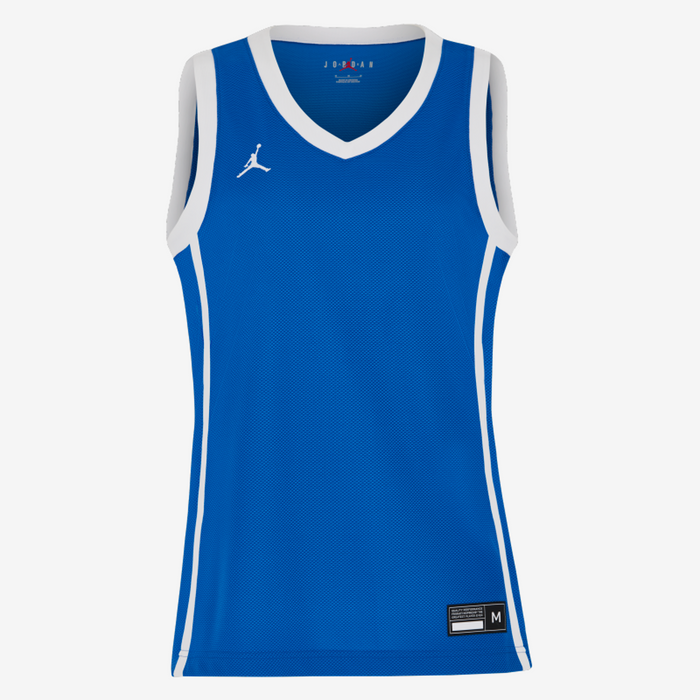 Blue basketball jersey with white accents on a white background