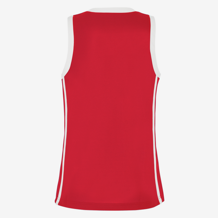Red sleeveless sports jersey with white accents on a white background