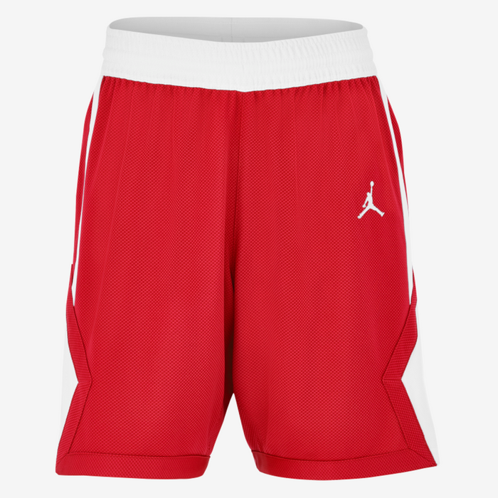 Red shorts with a white logo on a white background