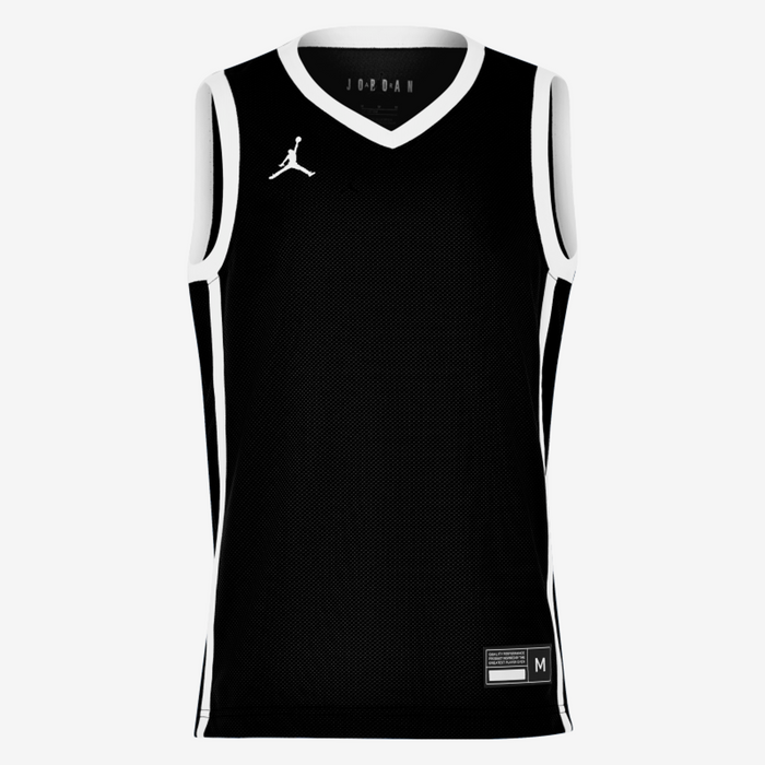 Black basketball jersey with white accents on a white background