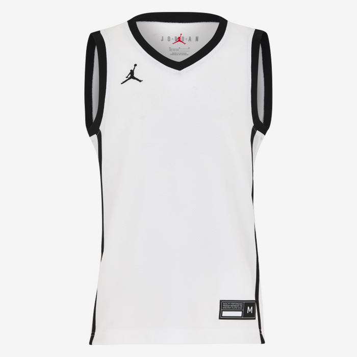White basketball jersey with black accents and Jordan logo on a white background