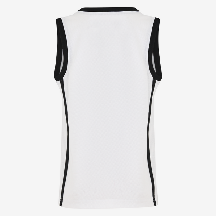 White sleeveless shirt with black accents on a white background
