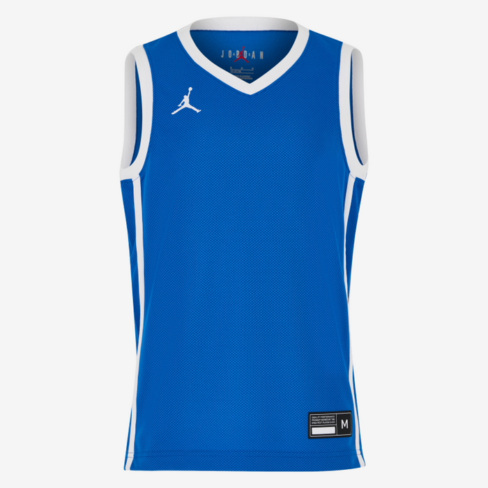 Blue basketball jersey with white accents on a white background