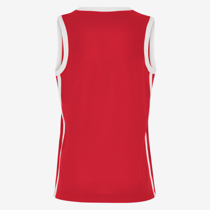 Red sleeveless sports jersey with white accents on a white background