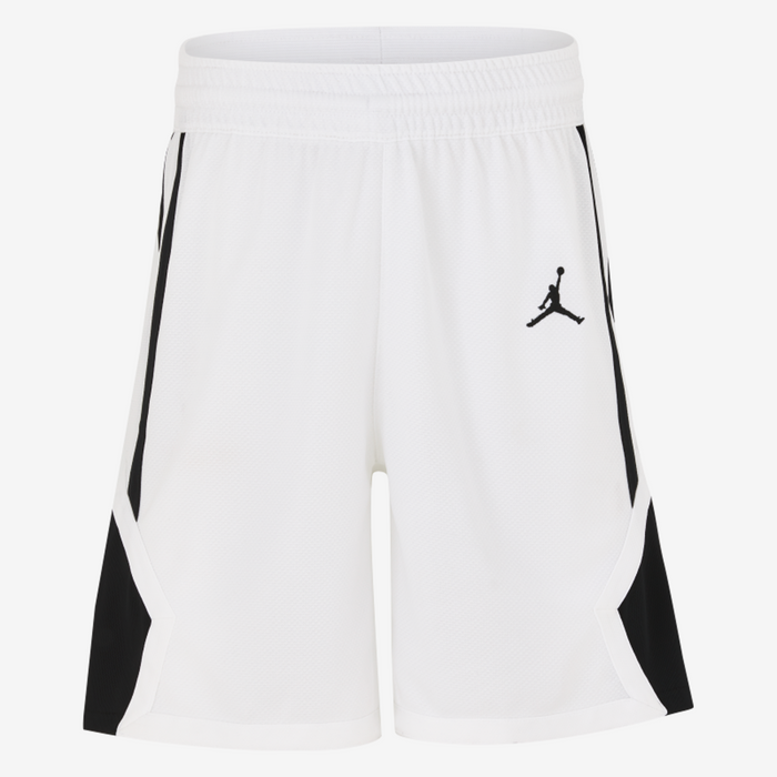 White shorts with black accents and a logo on a white background