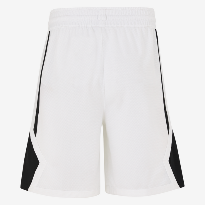White shorts with black side panels on a white background