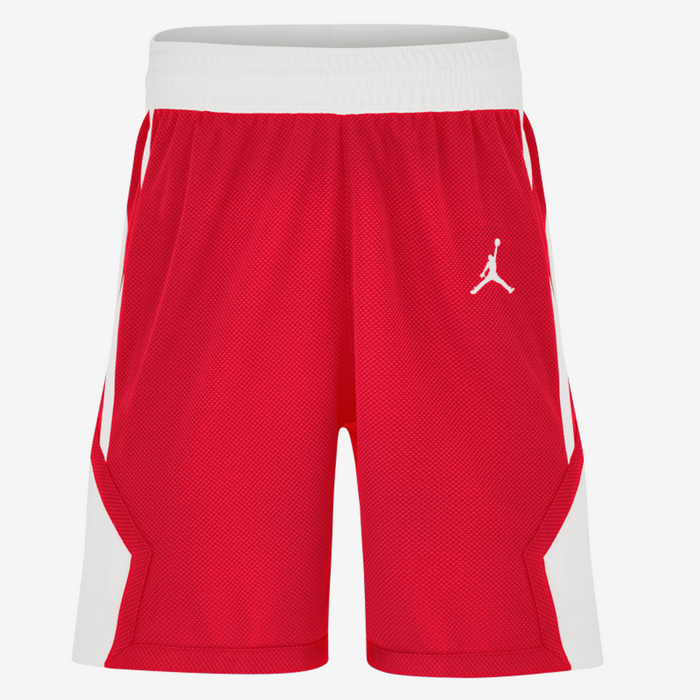 Red athletic shorts with a white logo on a white background