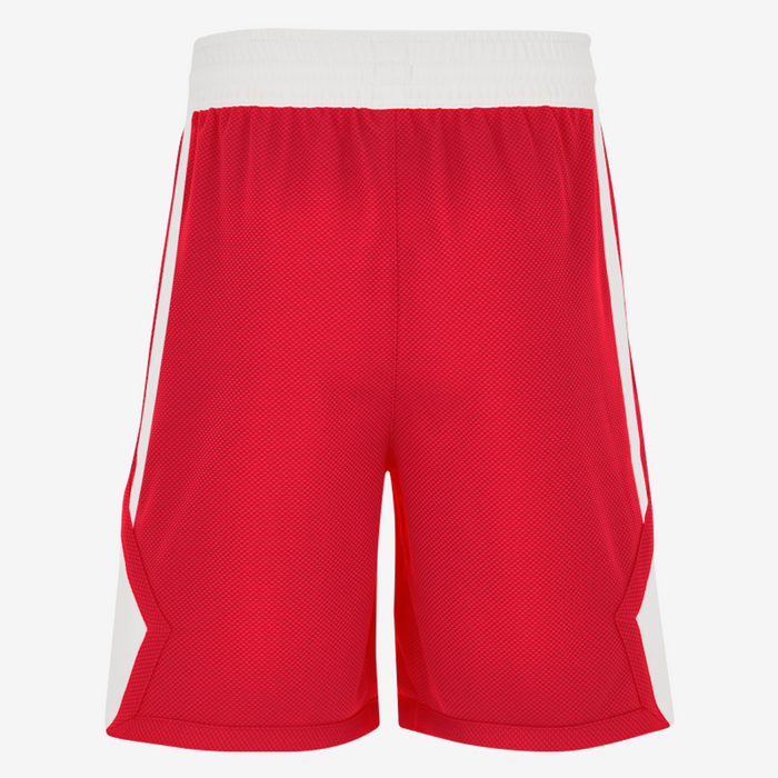 Red athletic shorts with white accents on a white background
