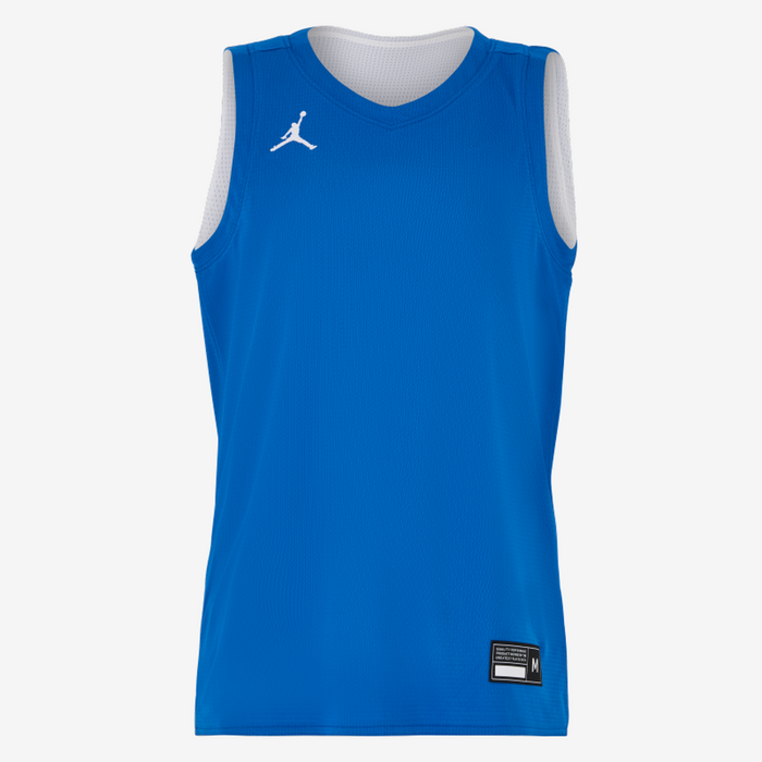Blue sleeveless sports jersey with a logo on a white background