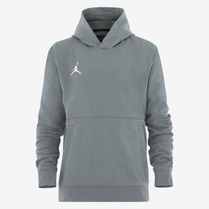 Gray hoodie with a brand logo on a white background