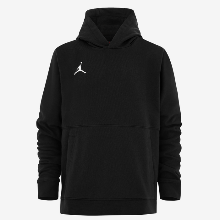 Black hoodie with a white logo on a light gray background